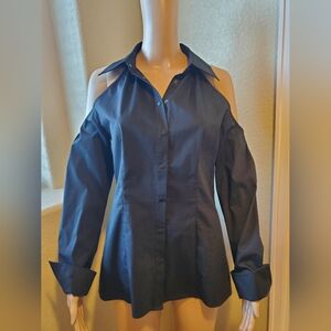 Catherine Malandrino Cold Shoulder Blouse Top Sz 8 M open button up shirt black